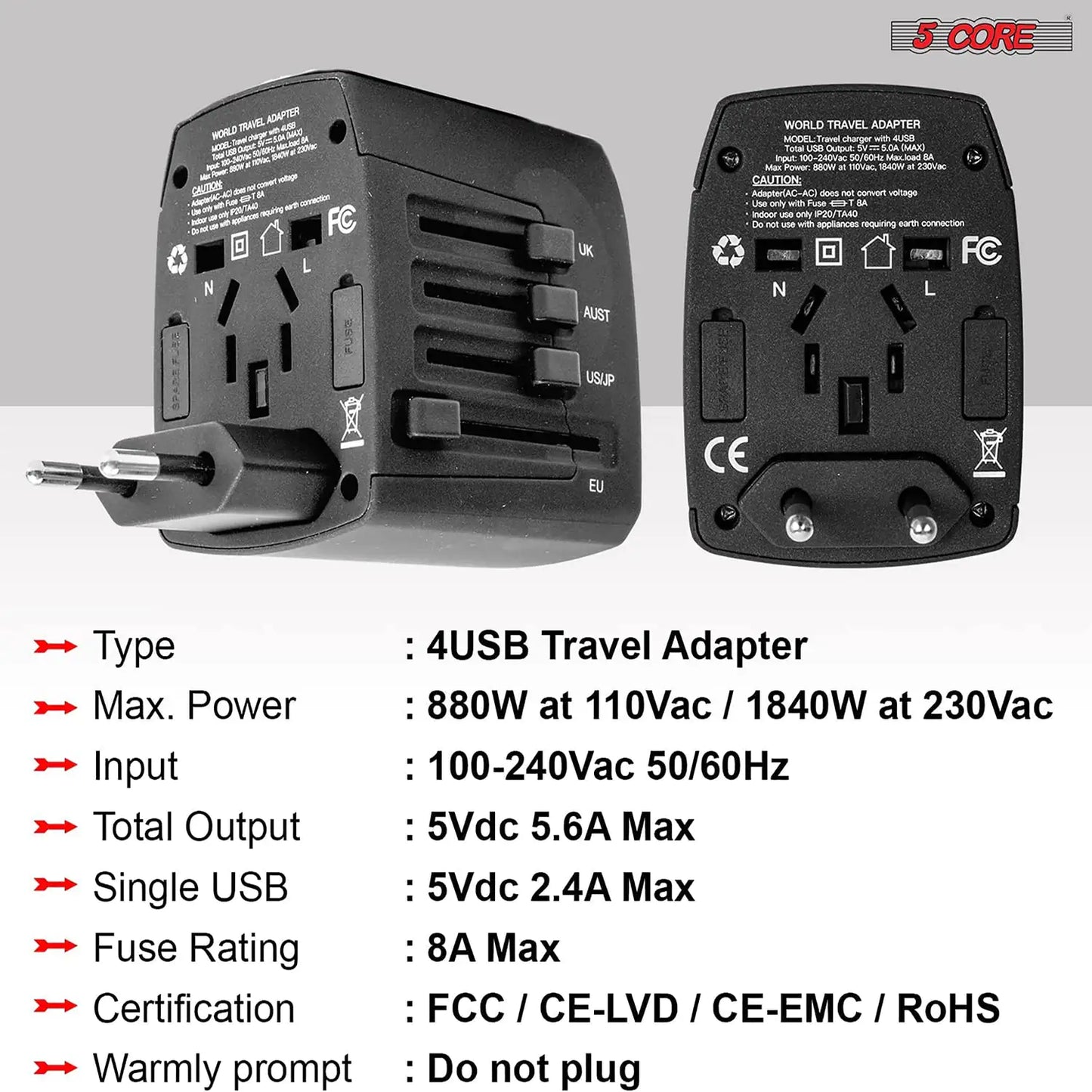 5Core Universal Travel Adapter International Power Adapters 3 Pack Multicharger Plug w 4 USB Ports